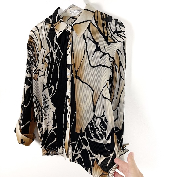 Vintage Black & Tan Print Pleated Blouse Medium - Picture 4 of 7